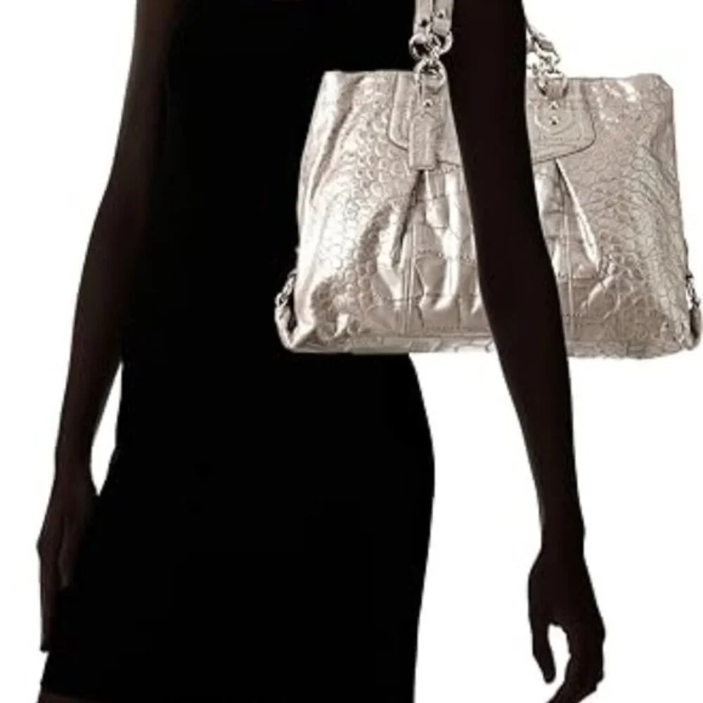 Euc Coach Ashley Crocodile Embossed Silver Leather Shoulder Bag